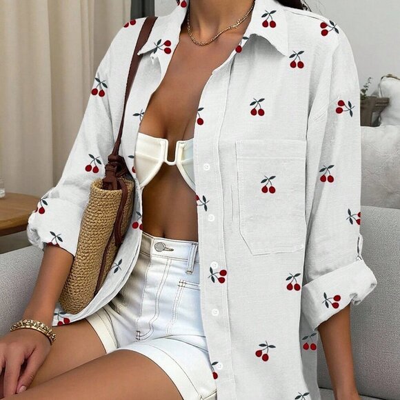 White Casual Women's Cherry Print Vacation button down Shirt - Picture 5 of 7